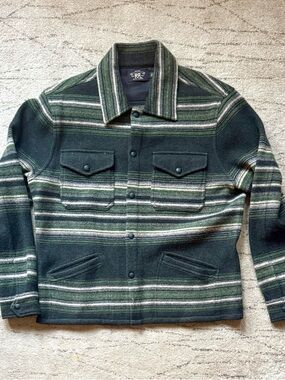 RRL Ralph Lauren Double RL Green Striped Wool Blend Sweater Over Shirt - XL